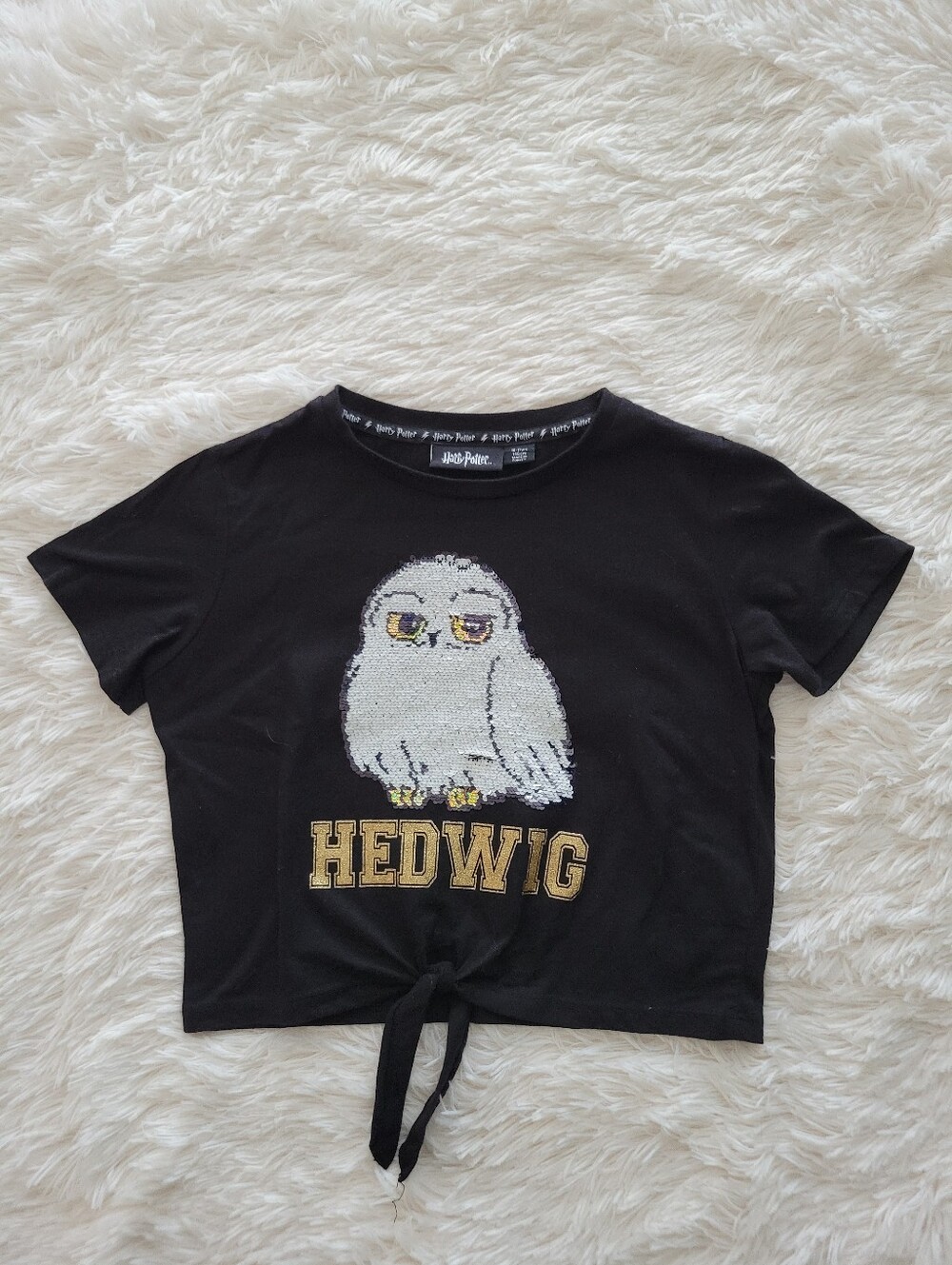 Harry Potter Hedwig Sequin Cropped Knot T-Shirt Girls